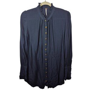 Free People Top Womens XS Blue Blouse Button Down Long Sleeve Ruffles Boho